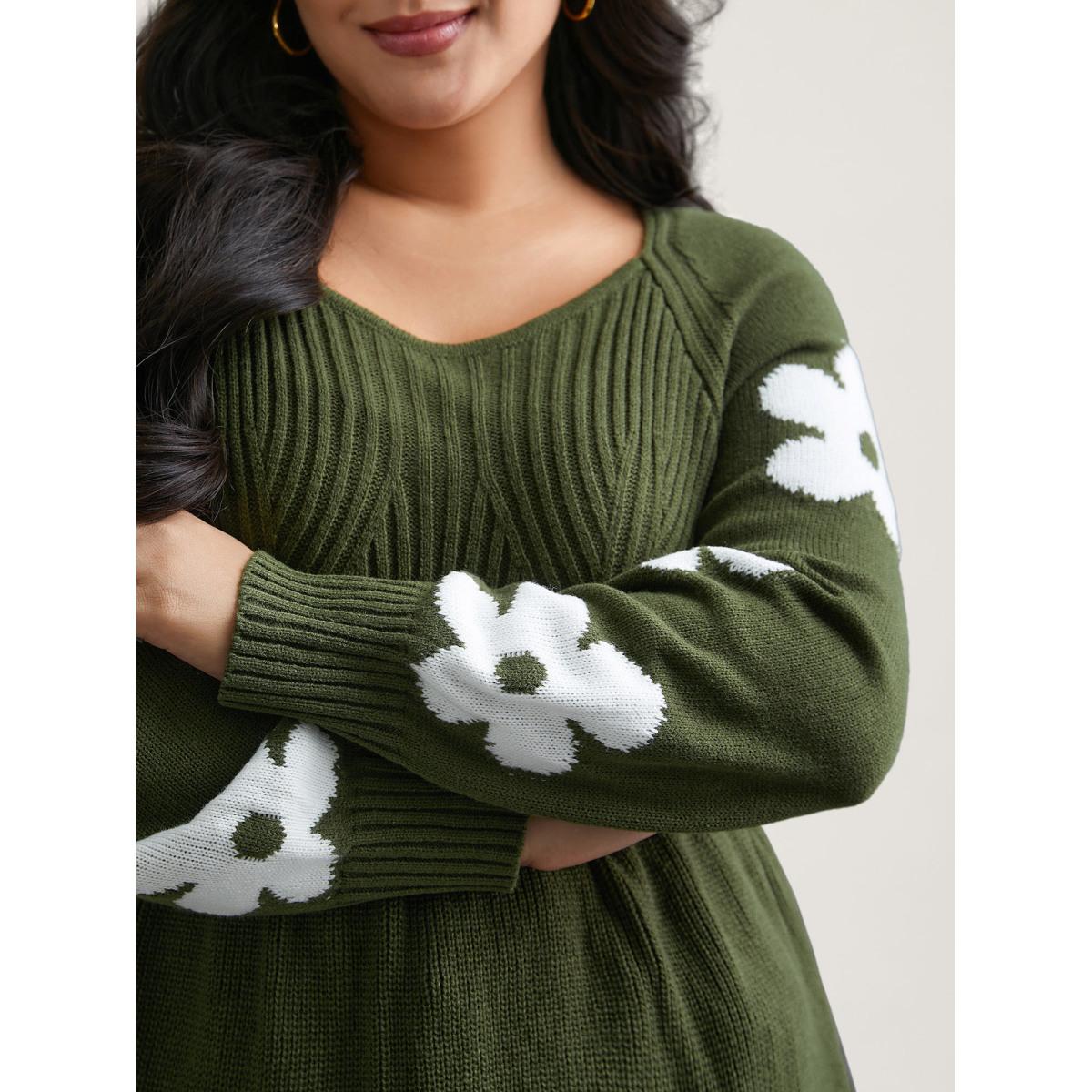 Plus Size Floral Patch Jacquard Cinched Waist Pullover ArmyGreen Women Timeless Bodycon Long Sleeve Square Neck Elegant Pullovers BloomChic 14-16/1X Product Image