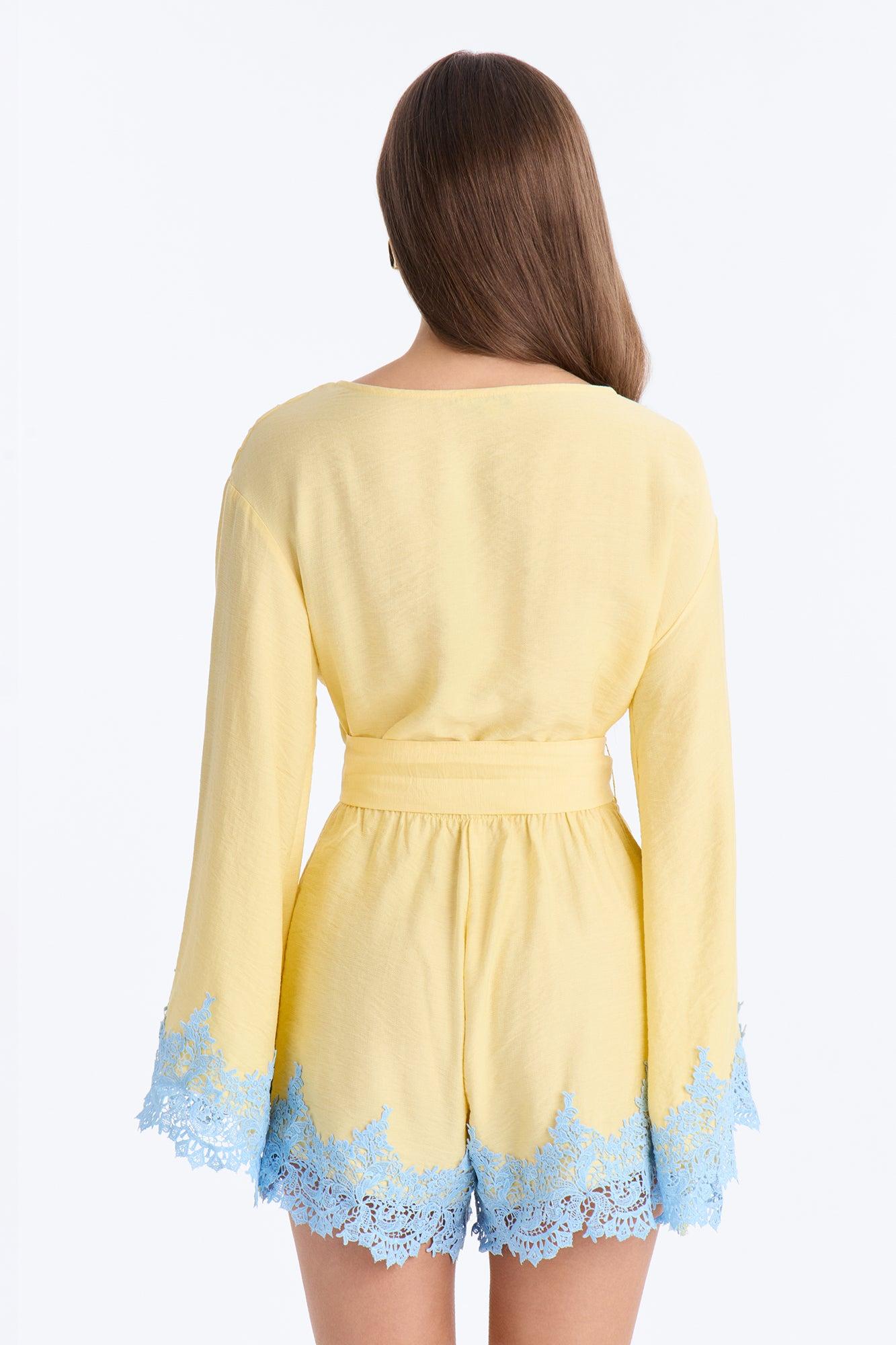 Cherie Lace Trim Tie Waist Romper - Butter Yellow Female Product Image