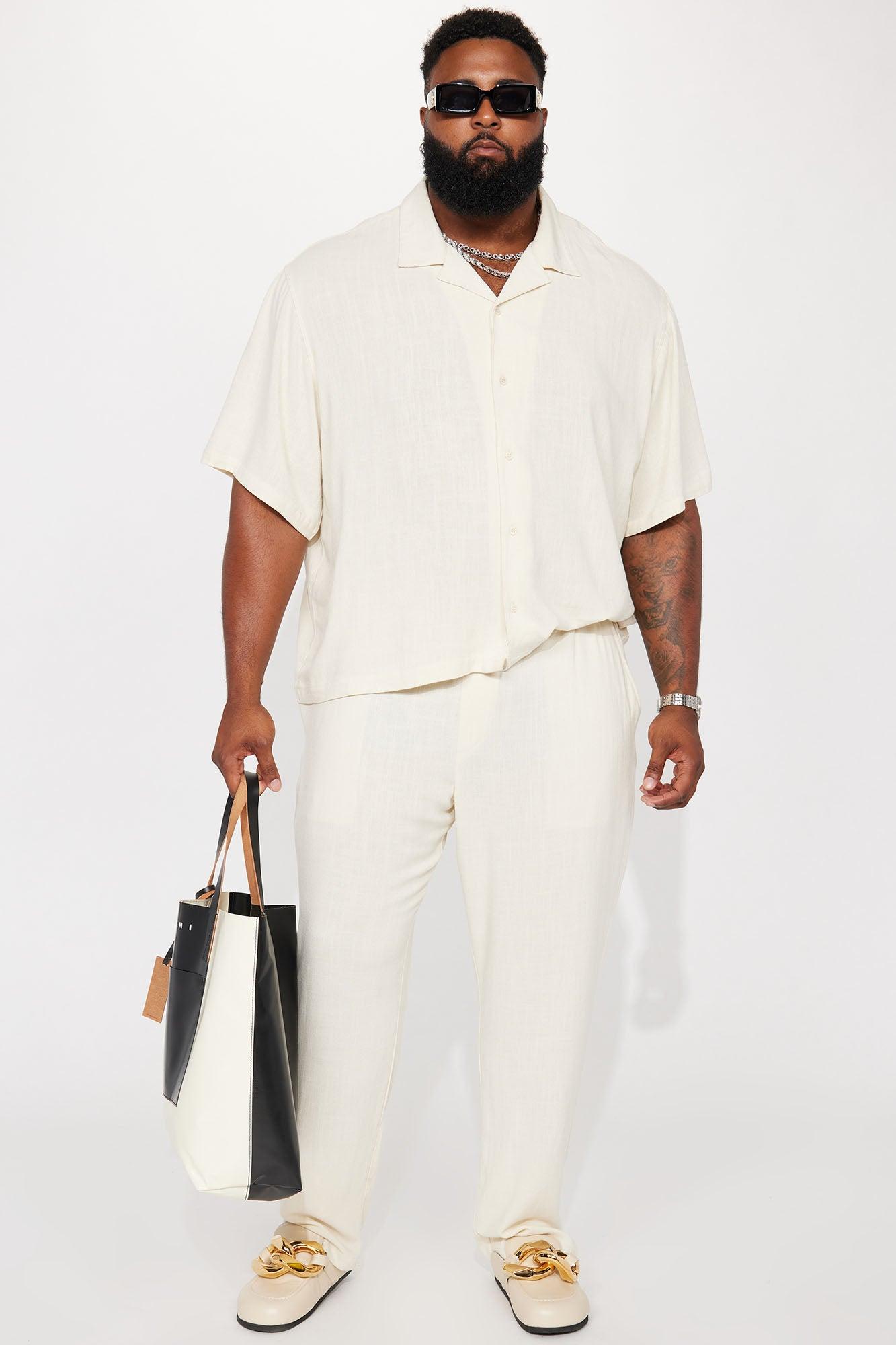 Solid Textured Linen Pull On Side Slit Pants - Cream Product Image