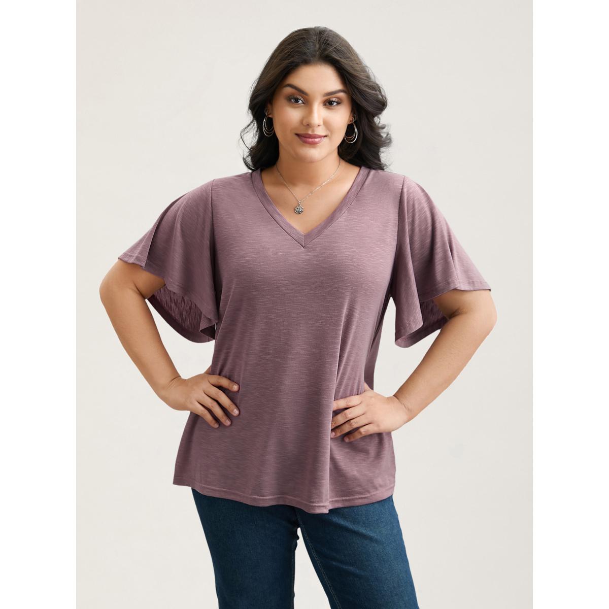 Plus Size V-Neck Stretchy Flared Sleeve T-Shirt DustyPink Women Leisure Ruffles V-neck Casual T-shirts BloomChic 10/M Product Image