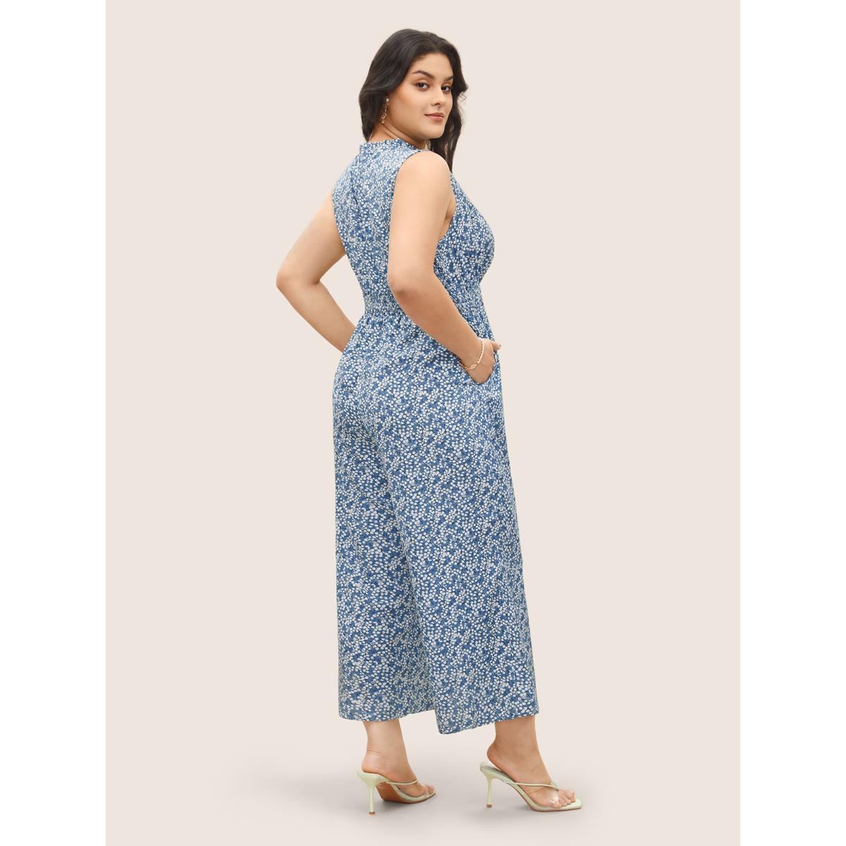 Plus Size Skyblue Ditsy Floral Mock Neck Shirred Jumpsuit Women Timeless Sleeveless Mock Neck Elegant Loose Jumpsuits BloomChic 28/5X Product Image
