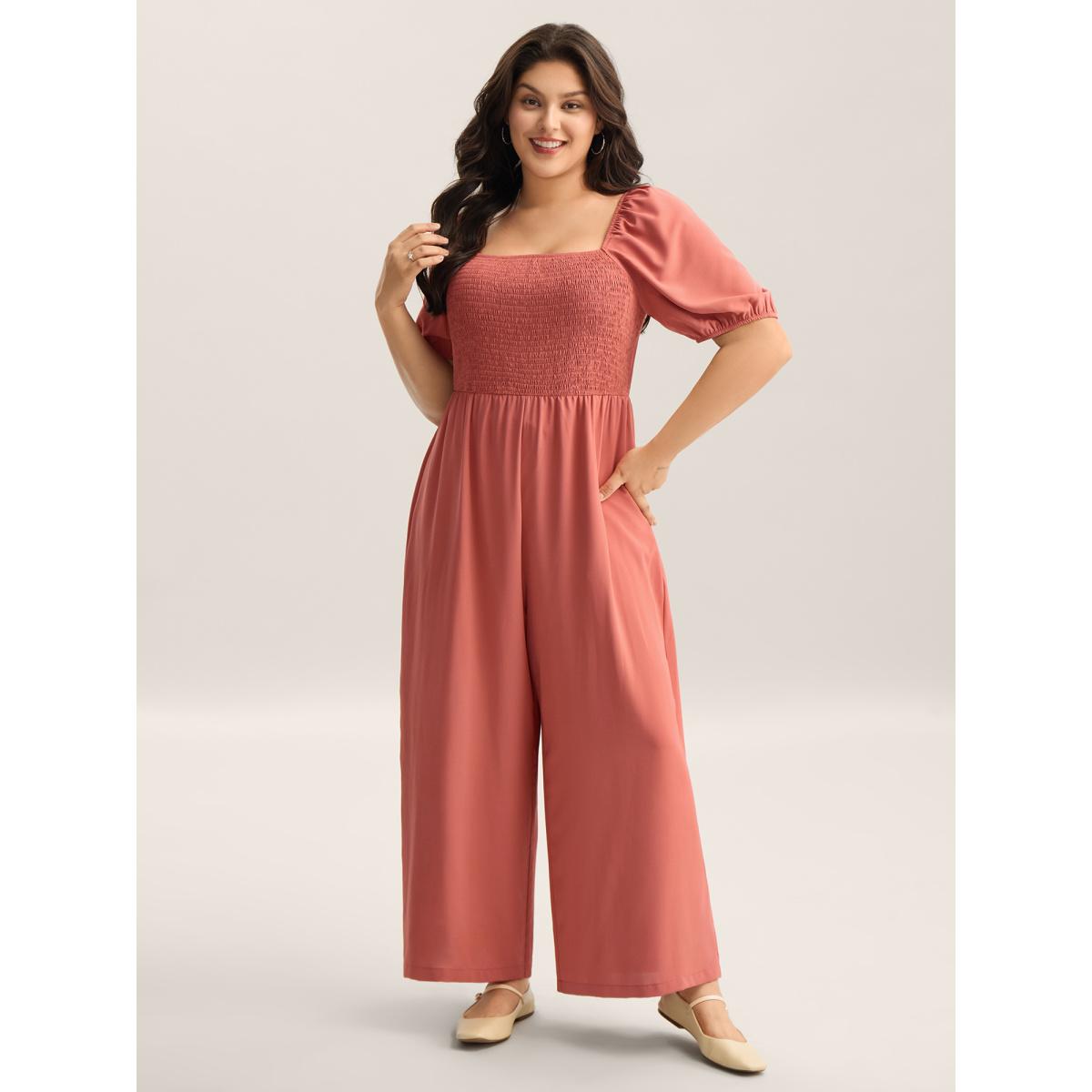 Plus Size Coral Shirred Puffy Sleeve Pockets Jumpsuit Women Short sleeve Square Neck Casual Loose Jumpsuits BloomChic 22-24/3X Product Image
