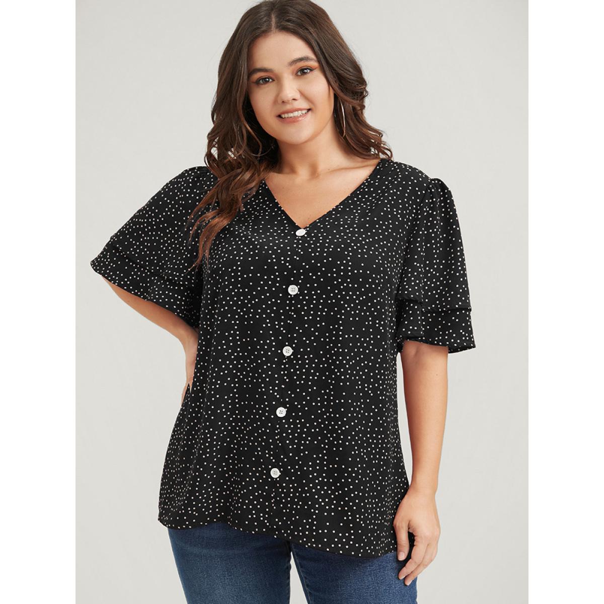 Plus Size Black Polka Dot Ruffle Sleeve Button Front Blouse Women Elegant Short sleeve V-neck Dailywear Blouses BloomChic 10/M Product Image