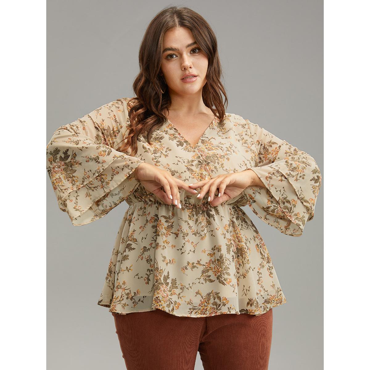 Plus Size Apricot Floral Wrap Tiered Ruffles Bell Sleeve Blouse Women Elegant Long Sleeve V-neck Everyday Blouses BloomChic 14-16/1X Product Image