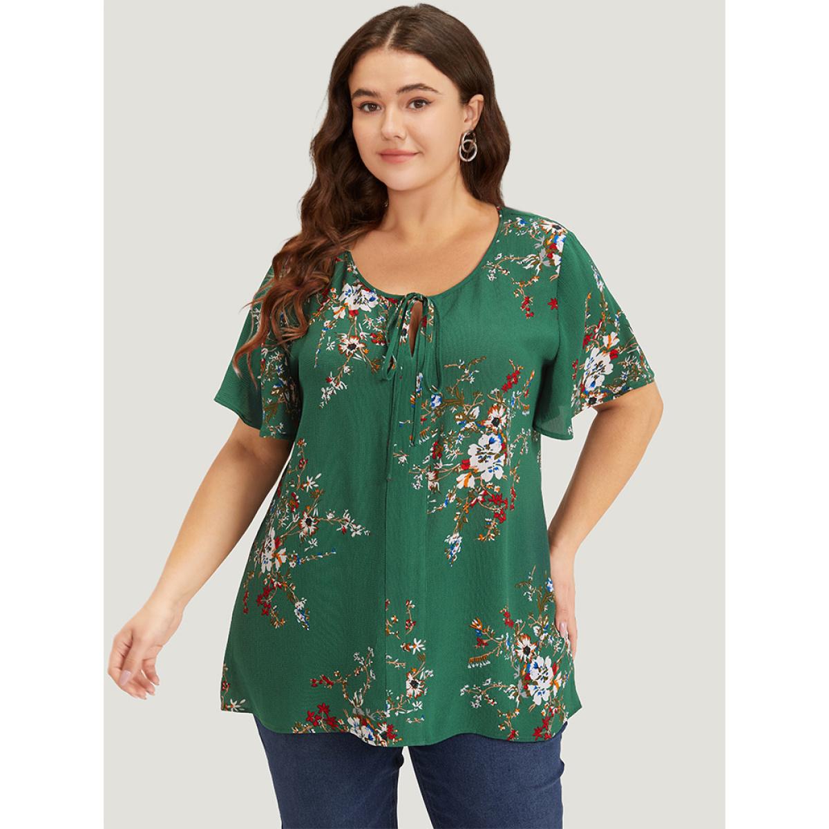 Plus Size Green Floral Print Knot Neck Blouse Women Elegant Short sleeve Tie Neck Dailywear Blouses BloomChic 22-24/3X Product Image