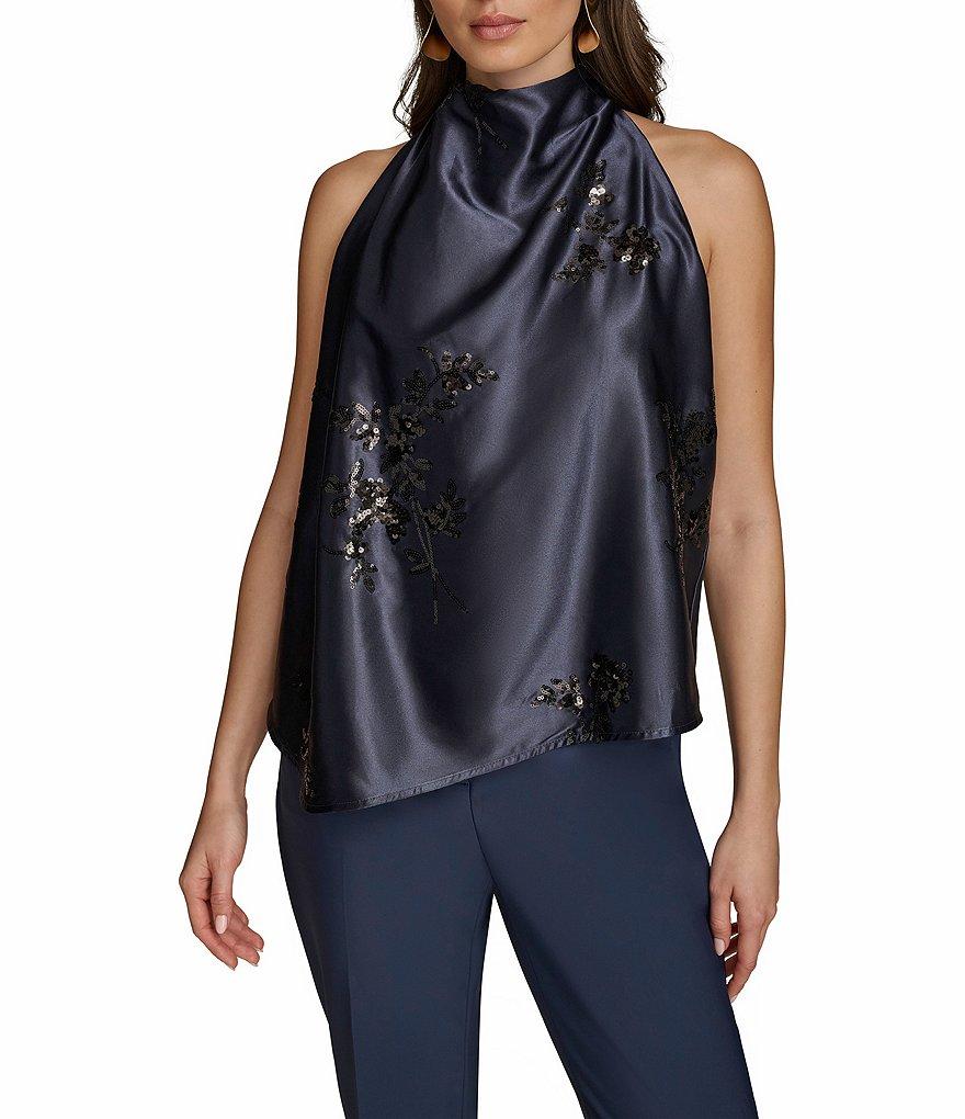 Donna Karan Floral Sequin Mock Neck Sleeveless Top Product Image