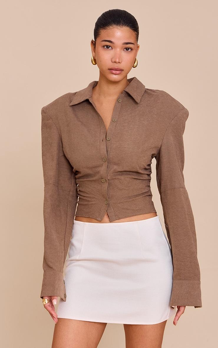 Mushroom Pinstripe Ruched Shoulder Pad Detail Shirt Product Image