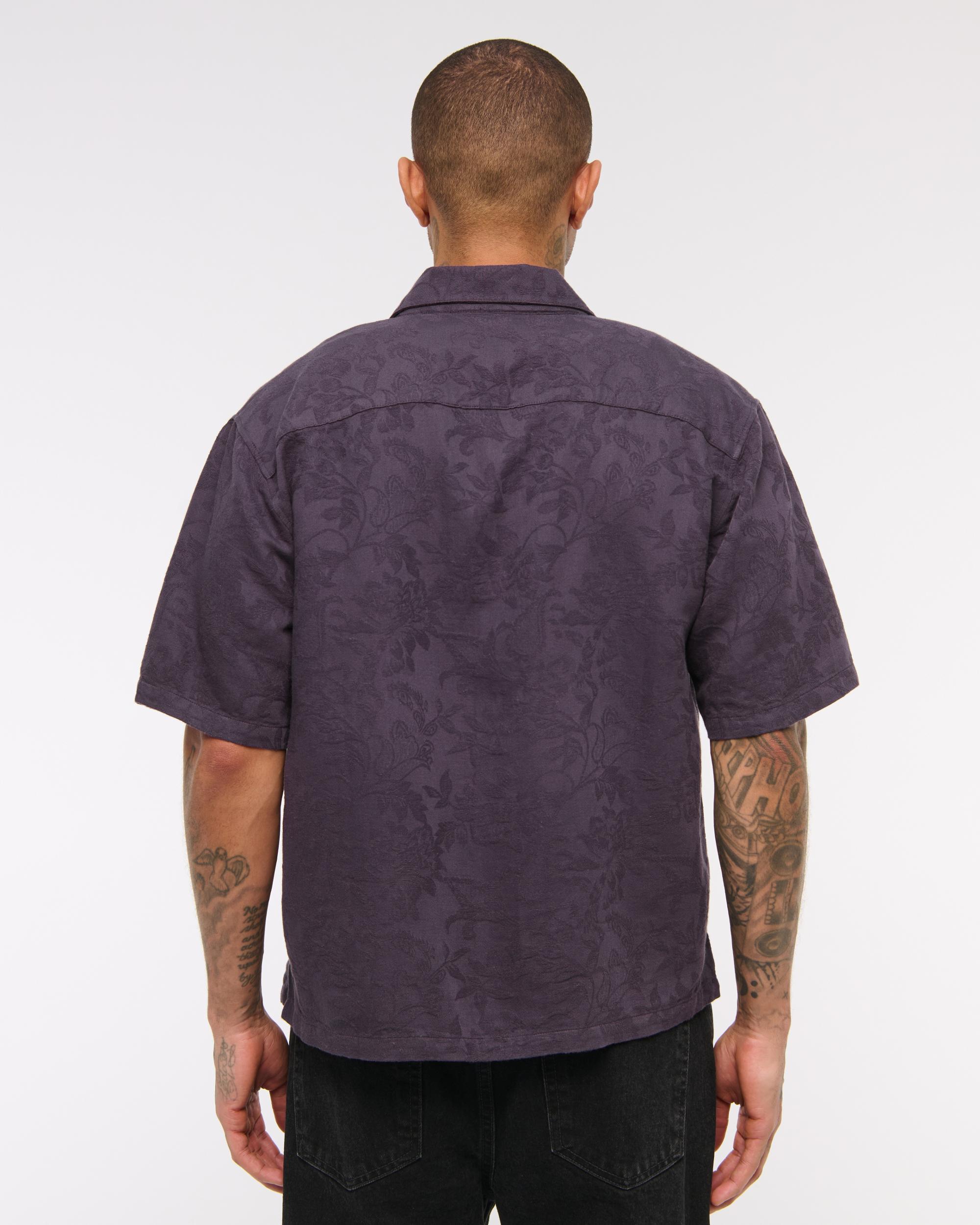 Short-Sleeve Cropped Jacquard Button-Up Shirt Product Image