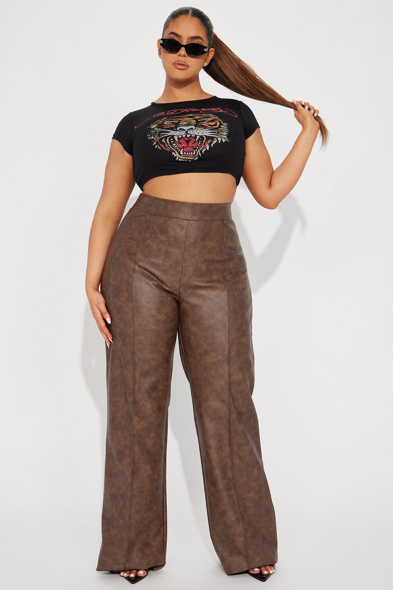Victoria High Waisted Washed Faux Leather Dress Pants - Chocolate Product Image