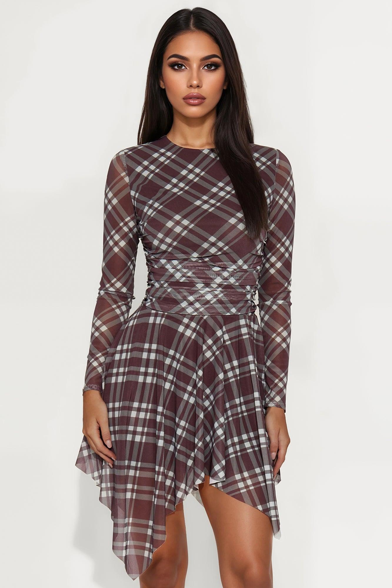 Hallie Asymmetrical Plaid Mini Dress - Brown/combo Female Product Image