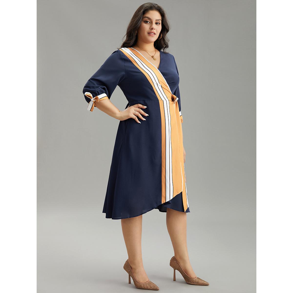Plus Size Contrast Striped Patchwork Wrap Dress Midnight Women Elegant Wrap V-neck Elbow-length sleeve Curvy Midi Dress BloomChic 18-20/2X Product Image