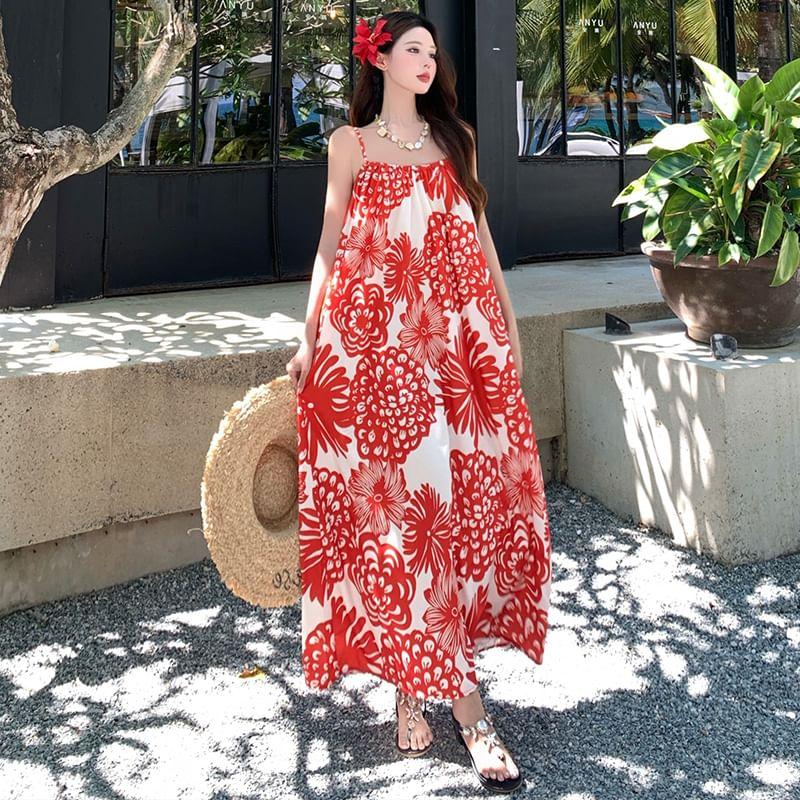 Spaghetti Strap Floral Print Midi Sundress Product Image