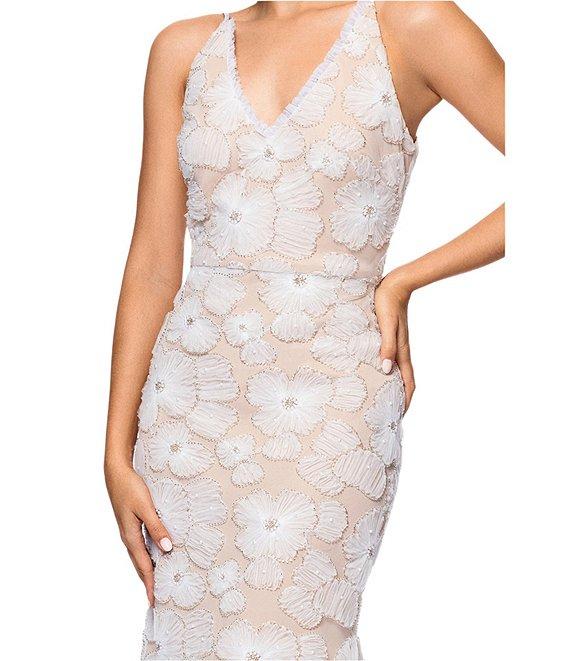 Betsy & Adam Soutache Embroidered Beaded Floral Print V Neck Sleeveless Mermaid Gown Product Image