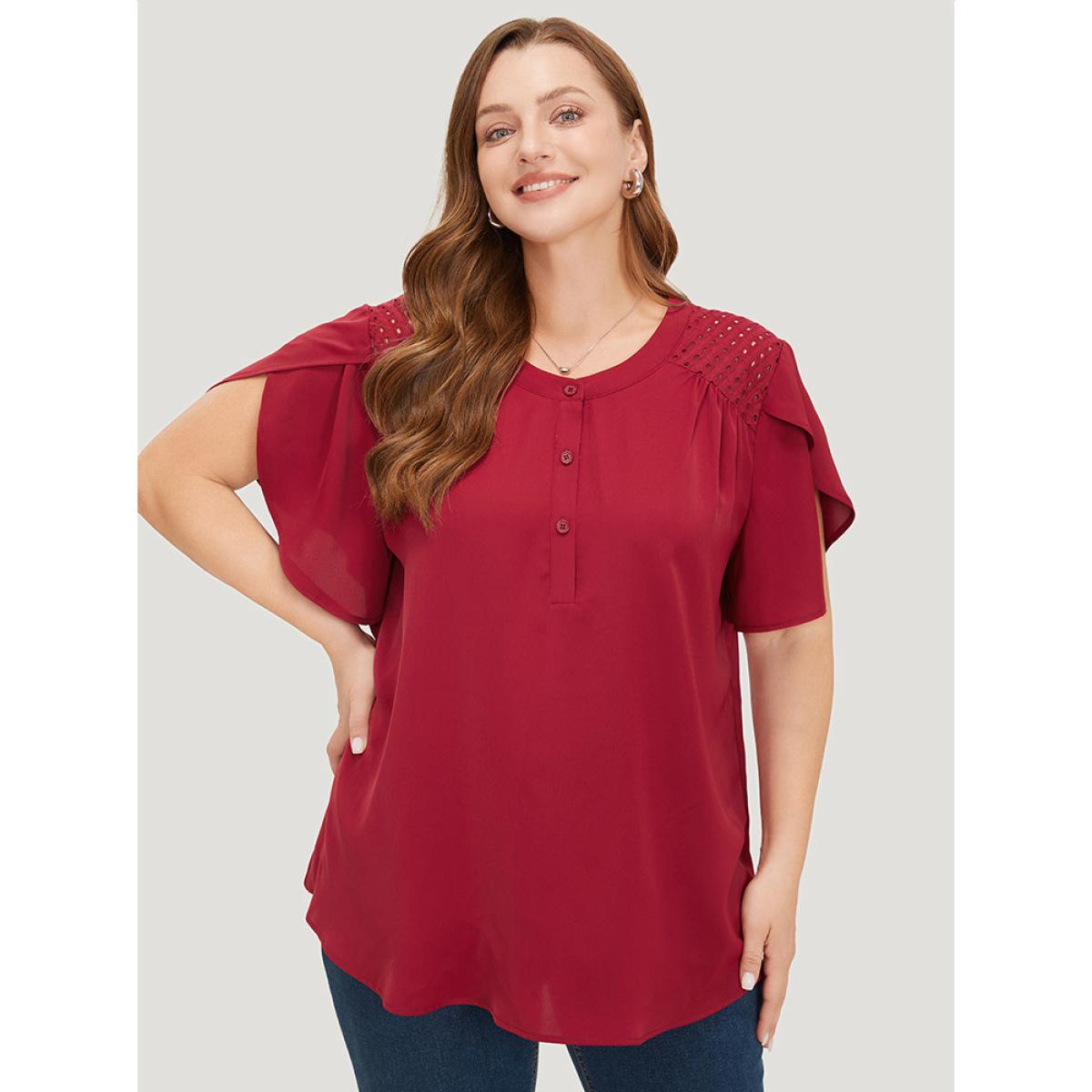 Plus Size Burgundy Plain Patchwork Cut Out Petal Sleeve Blouse Women Office Short sleeve Round Neck Work Blouses BloomChic 28/5X Product Image