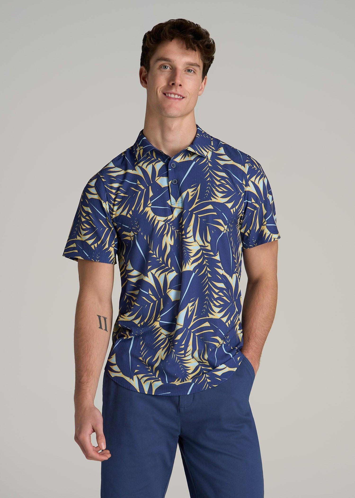 Coastal Perforated Polo Shirt for Tall Men in Twilight Blue Palms Male Product Image