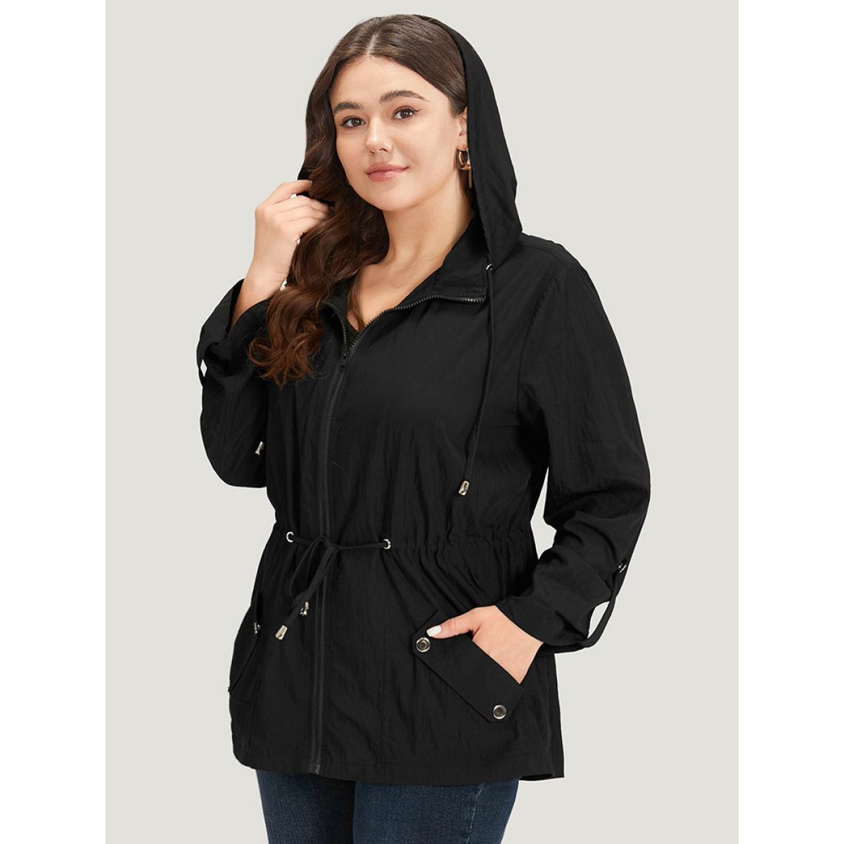 Plus Size Plain Hooded Zipper Drawstring Tab Sleeve Coat Women Black Plain Pocket Everyday Jackets BloomChic 18-20/2X Product Image
