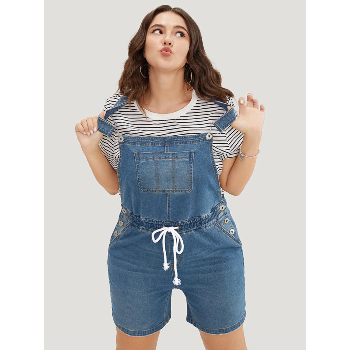 Plus Size Drawstring Button Up Dark Wash Denim Overalls Blue Women Plain Low stretch Dailywear Pocket Casual Denim Jumpsuits BloomChic 10/M Product Image