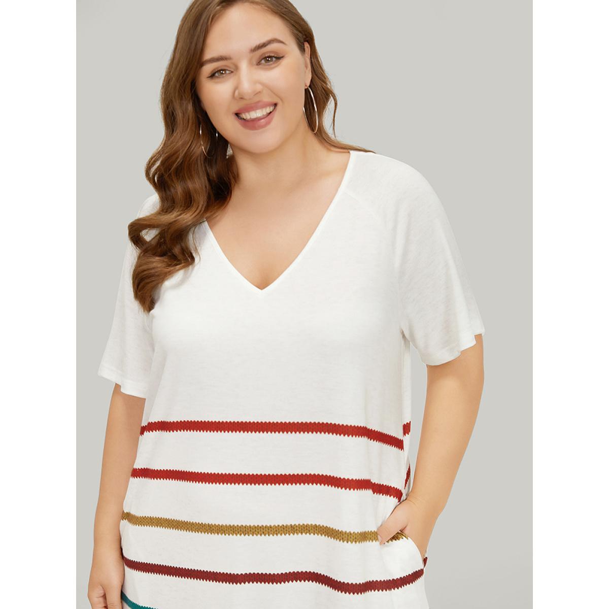 Plus Size Rainbow Striped Pocket Curved Hem Dress White Women Casual Contrast V-neck Short sleeve Curvy Midi Dress BloomChic 18-20/2X Product Image