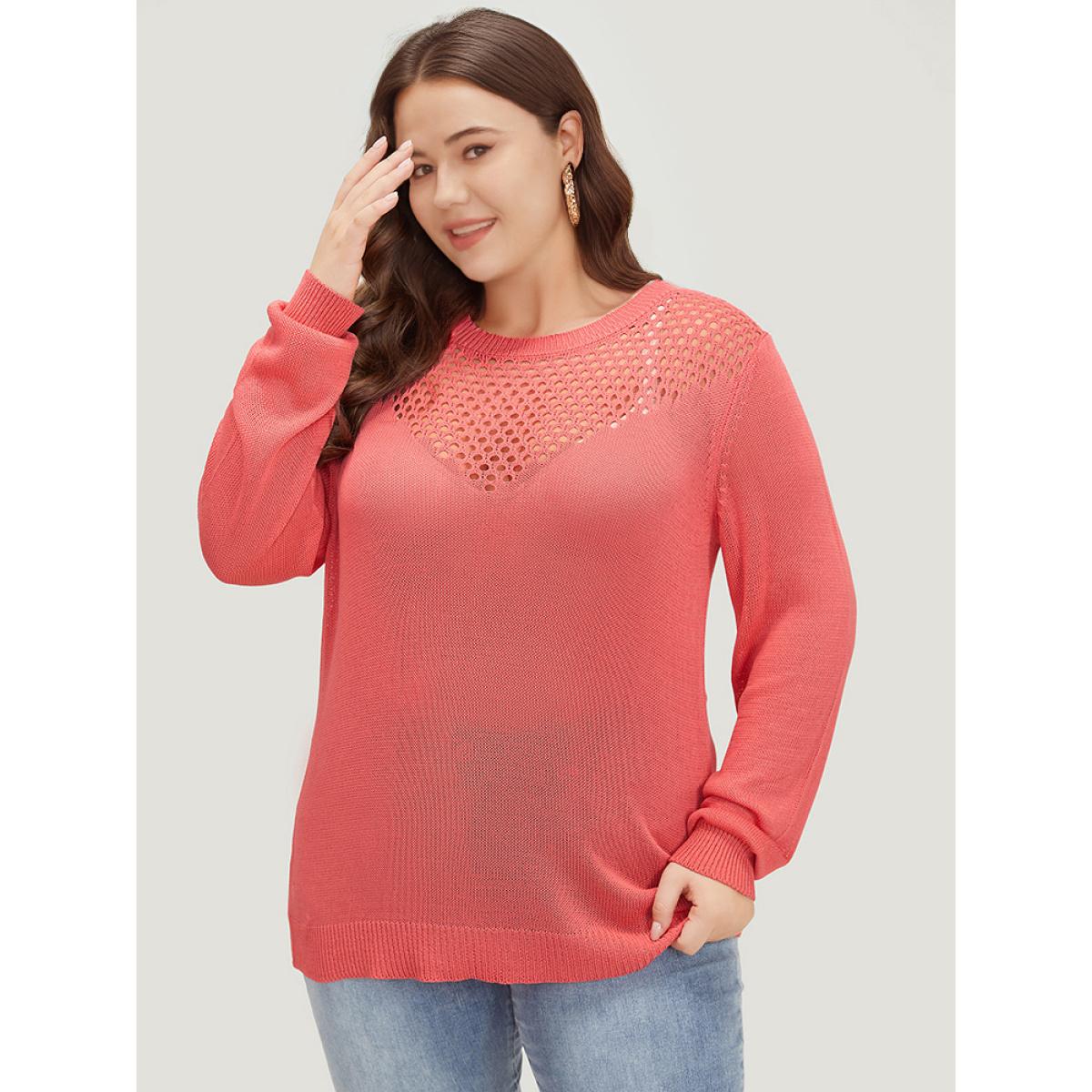 Plus Size Plain Patchwork Cut Out Round Neck Pullover Watermelon Women Casual Bodycon Long Sleeve Round Neck Everyday Pullovers BloomChic 22-24/3X Product Image