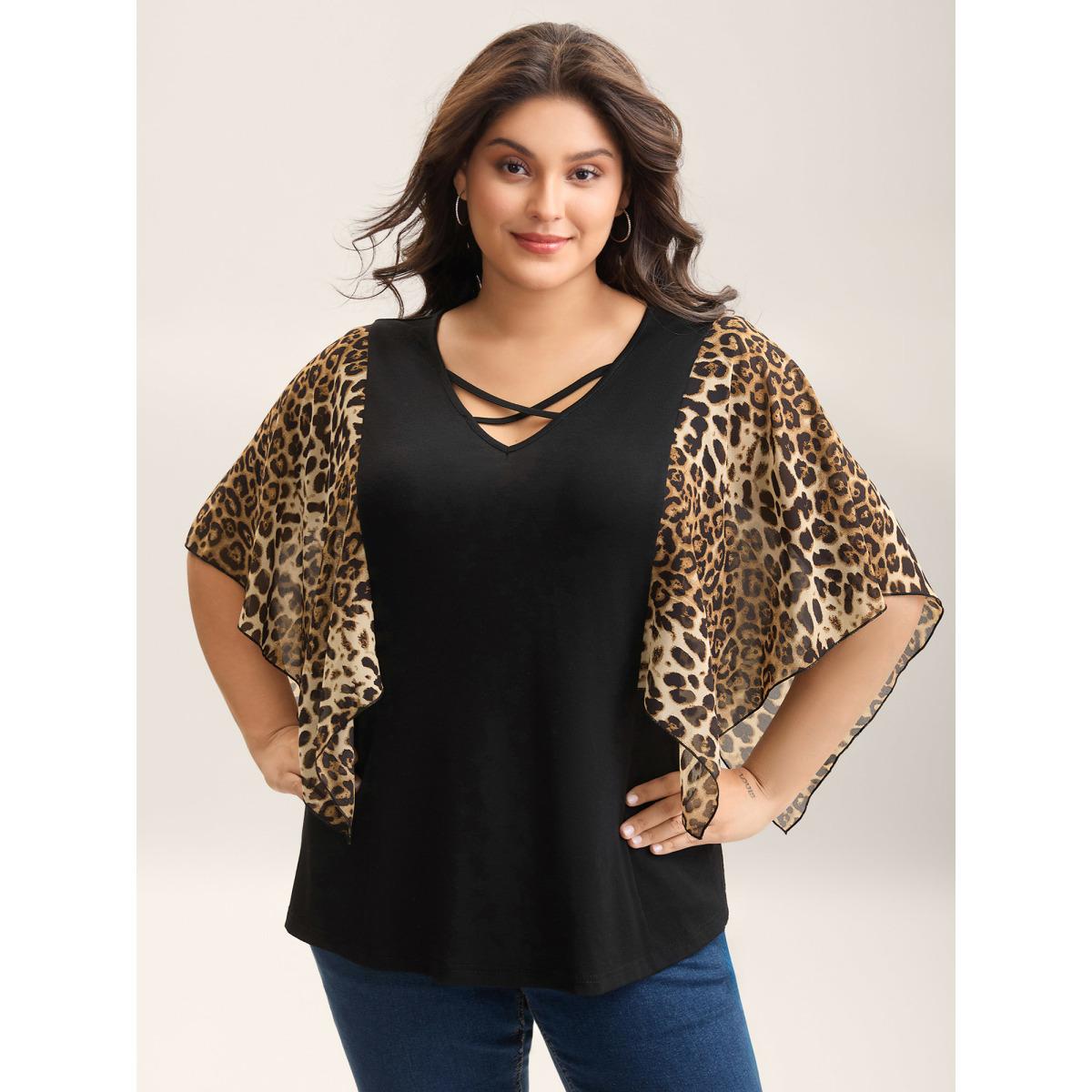 Plus Size Leopard Spliced Tied Flared Sleeve T-Shirt Black Women Casual Contrast V-neck Everyday T-shirts BloomChic 30/6X Product Image