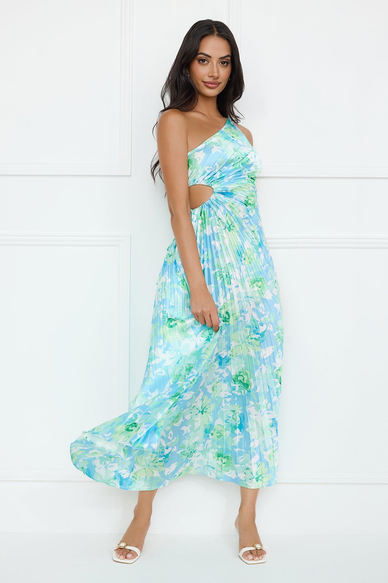 Emerald Ice One Shoulder Satin Pleated Maxi Dress Blue Product Image