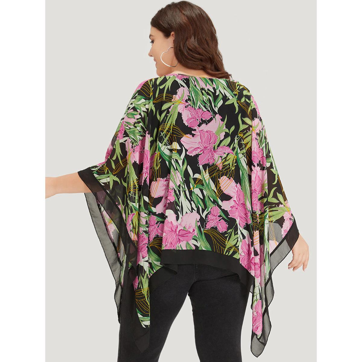 Plus Size Multicolor Floral Ties Batwing Sleeve Hanky Hem Layered Blouse Women Glamour Elbow-length sleeve Tie Neck Going out Blouses BloomChic 10/M Product Image
