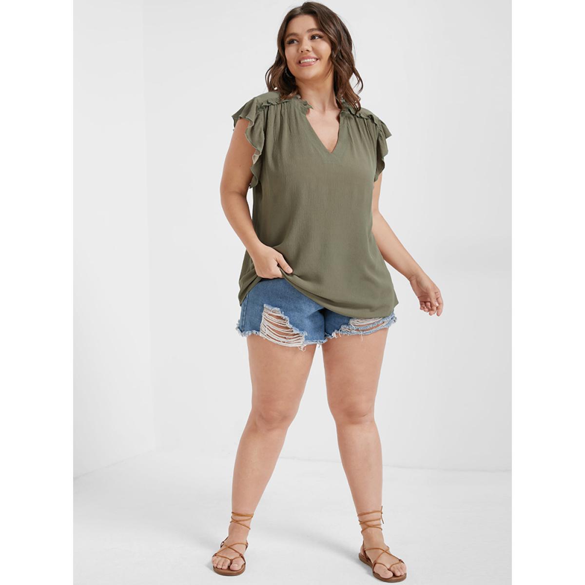 Plus Size ArmyGreen Solid V Neck Ruffles Sleeve Blouse Women Casual Cap Sleeve V-neck Dailywear Blouses BloomChic 30/6X Product Image