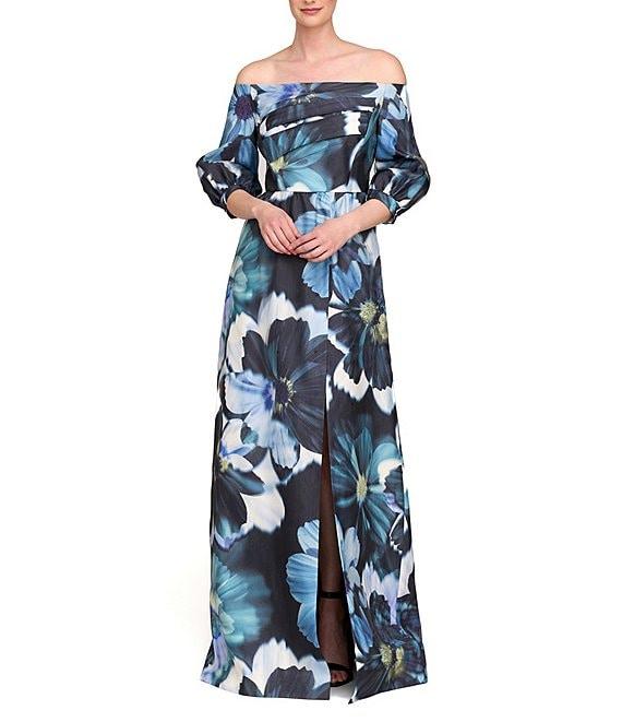 Kay Unger Alison Ots Floral Organza Mikado Off-The-Shoulder 3/4 Bishop Sleeve Pleated Column Gown Product Image