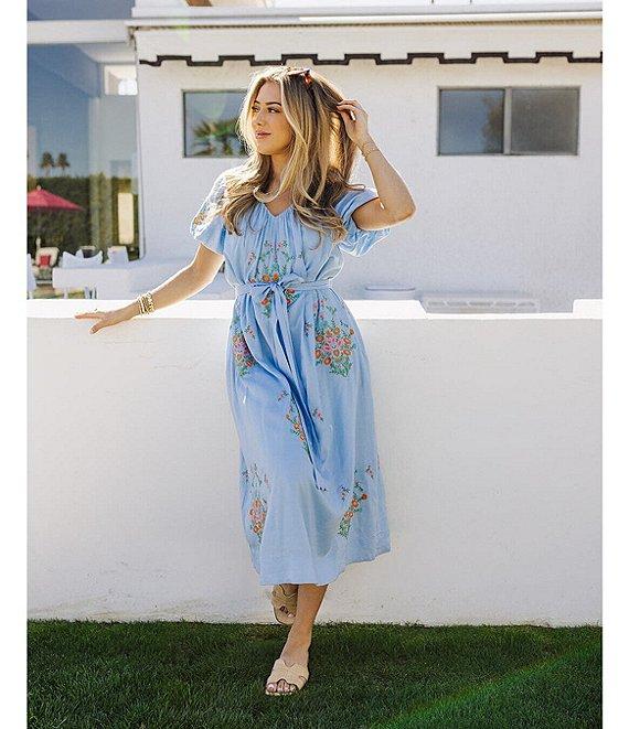 J.Marie Astrid V-Neck Puff Sleeve Embroidered Tie Midi A-Line Dress Product Image