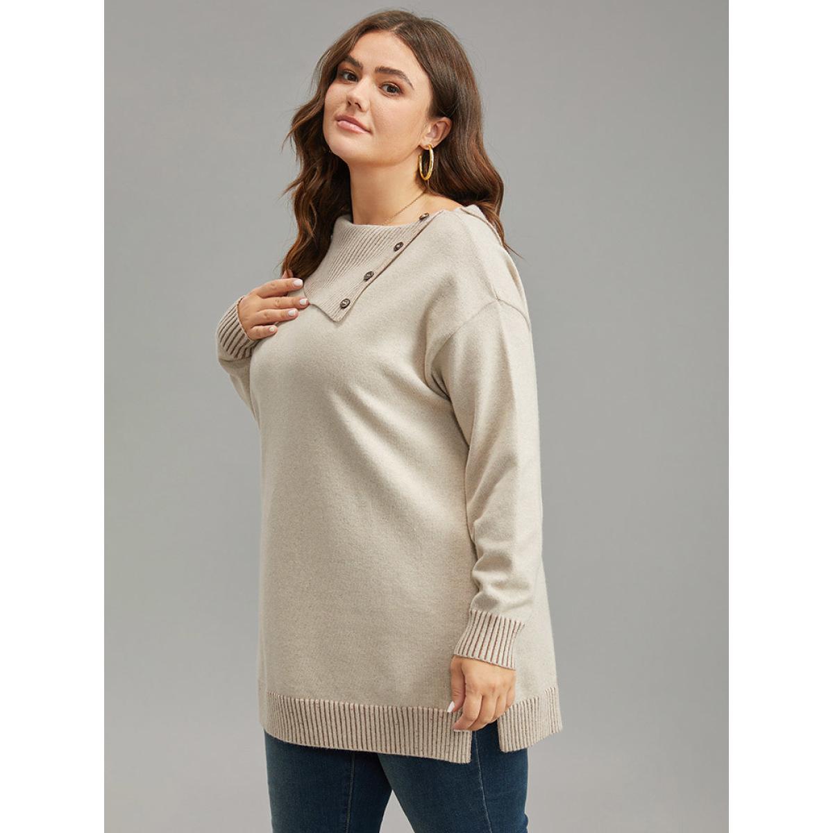 Plus Size Supersoft Essentials Asymmetrical Neck Button Detail Pullover LightBrown Women Leisure Loose Long Sleeve Asymmetrical Neck Casual Pullovers BloomChic 14-16/1X Product Image