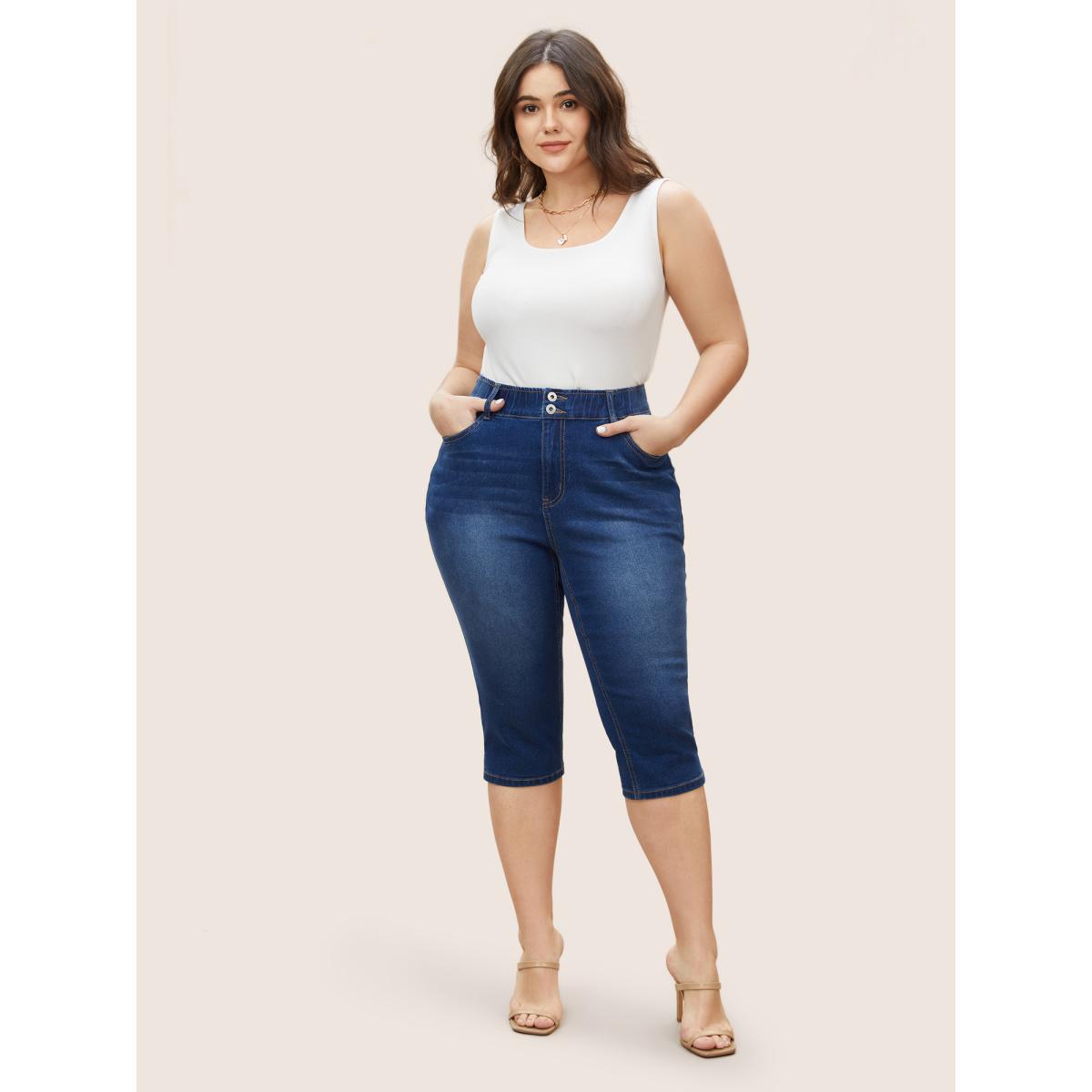 Plus Size Dark Wash Elastic Waist Split Side Jeans Women Blue Casual Slit High stretch Slanted pocket Jeans BloomChic 24/3X Product Image