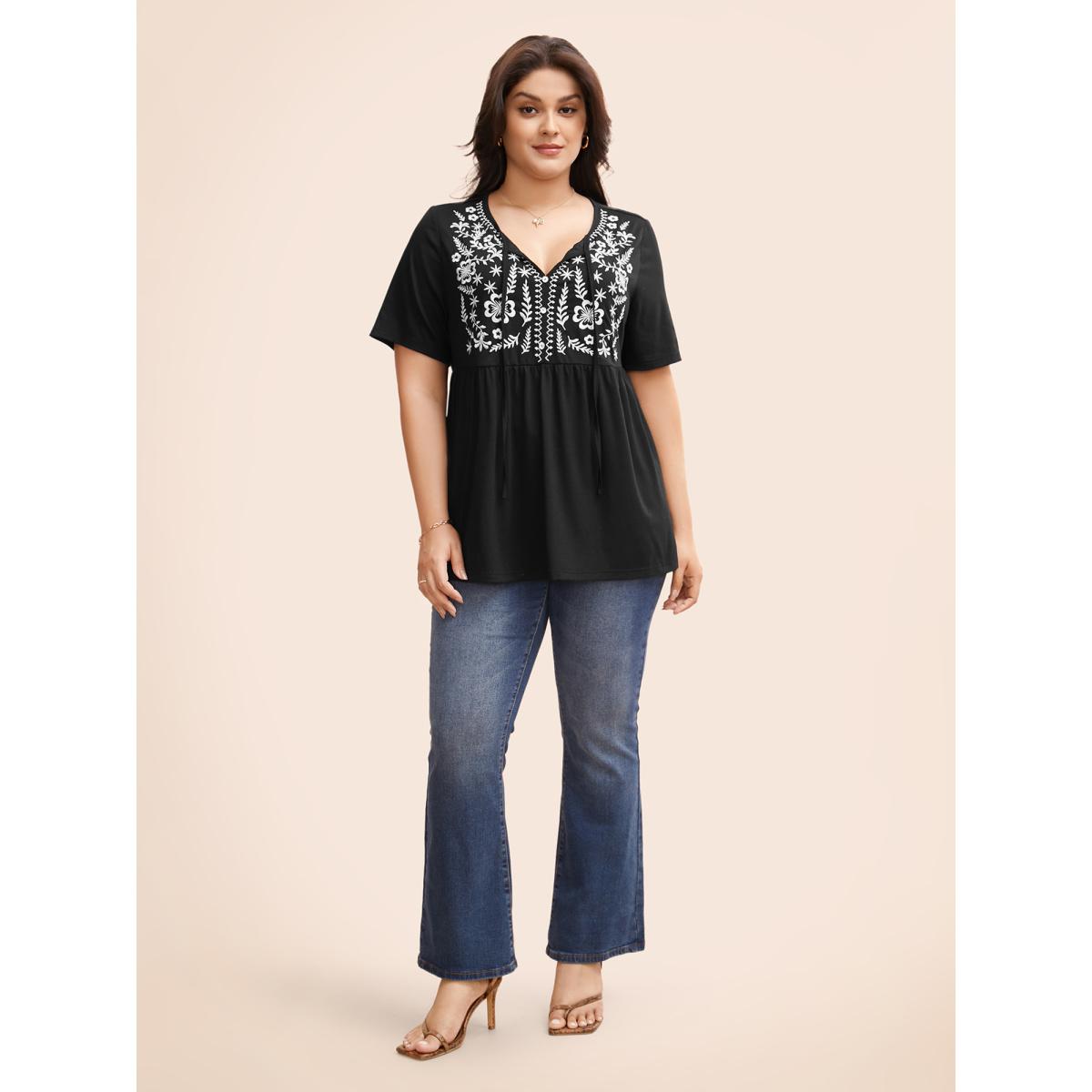 Plus Size Floral Embroidered Tie Knot T-shirt Black Women Elegant Tie knot Natural Flowers Round Neck Everyday T-shirts BloomChic 14-16/1X Product Image