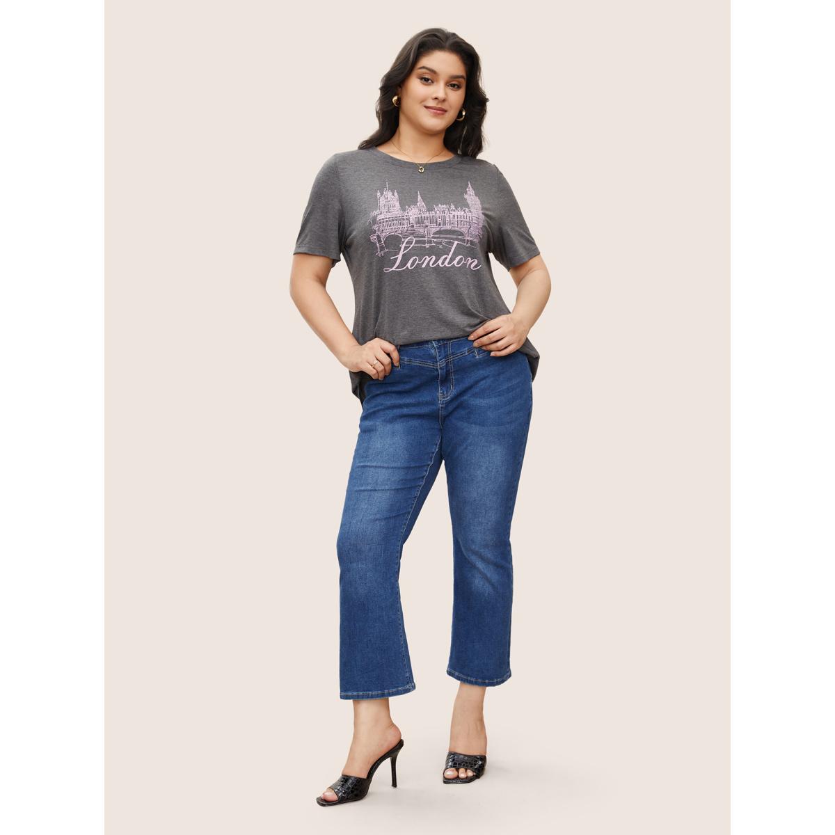 Plus Size City Print Heather Crew Neck T-shirt Gray Women Elegant Contrast Area Everyday T-shirts BloomChic 18-20/2X Product Image
