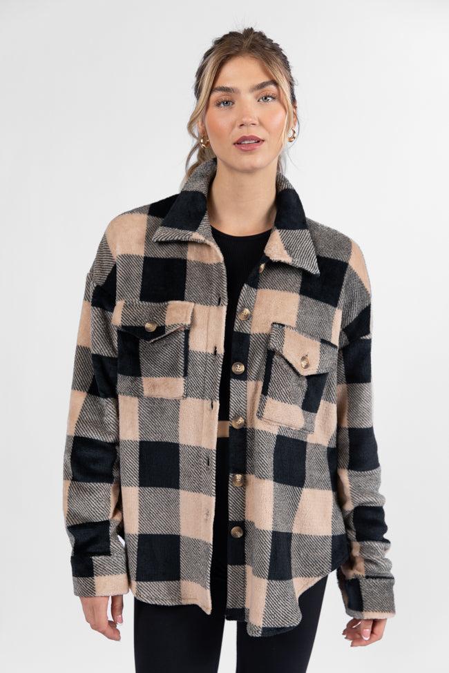 Wind Down Black and Tan Fleece Plaid Shacket FINAL SALE Product Image