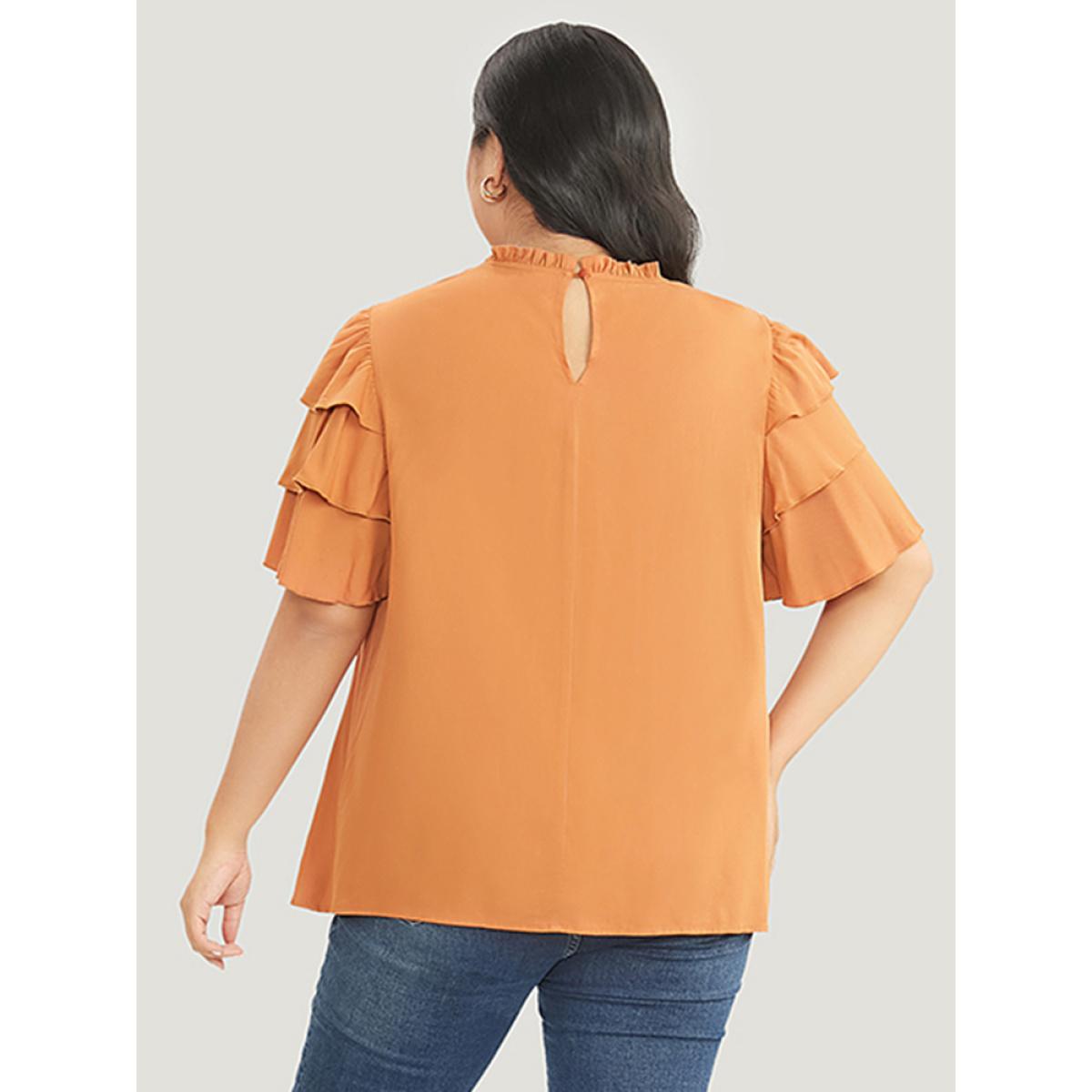 Plus Size Rust Solid Pleated Keyhole Ruffle Tiered Sleeve Frill Trim Blouse Women Elegant Short sleeve Round Neck Dailywear Blouses BloomChic 22-24/3X Product Image