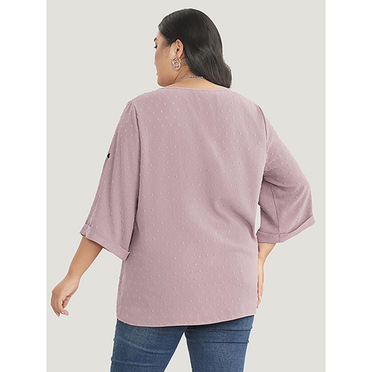 Plus Size Mauve Polka Dot V Neck Button Detail Cuffed Sleeve Blouse Women Office Elbow-length sleeve V-neck Office Blouses BloomChic 28/5X Product Image
