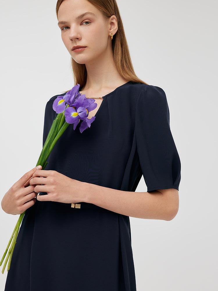 Triacetate Cut-Out Neck Women Midi Dress With Belt Product Image