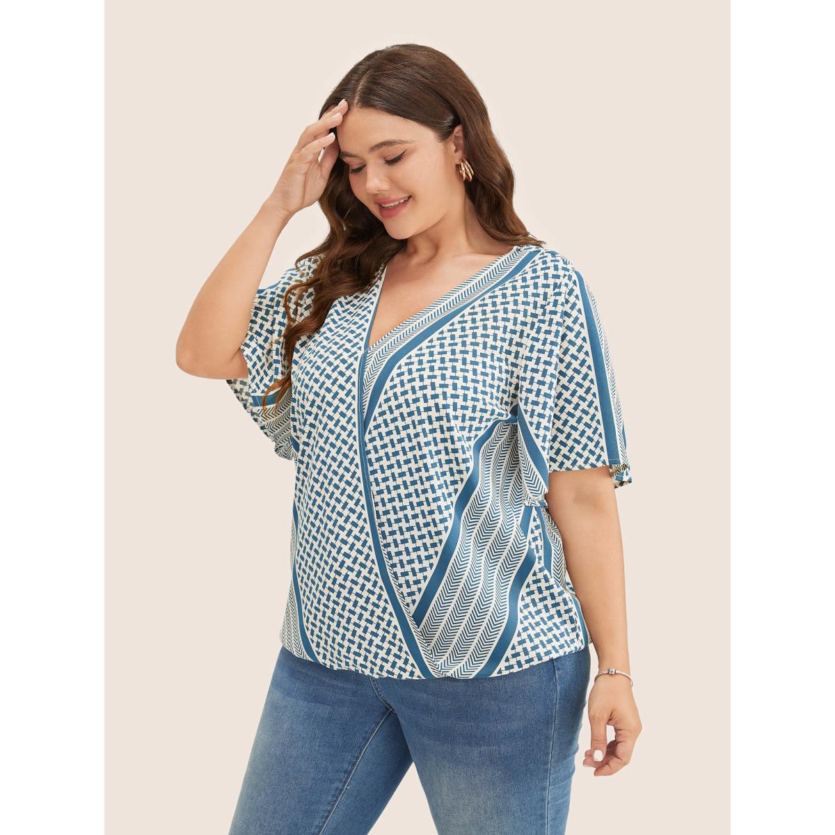 Plus Size Aegean Geometric Contrast Ruffle Sleeve Wrap Blouse Women Resort Short sleeve Overlap Collar Vacation Blouses BloomChic 18-20/2X Product Image