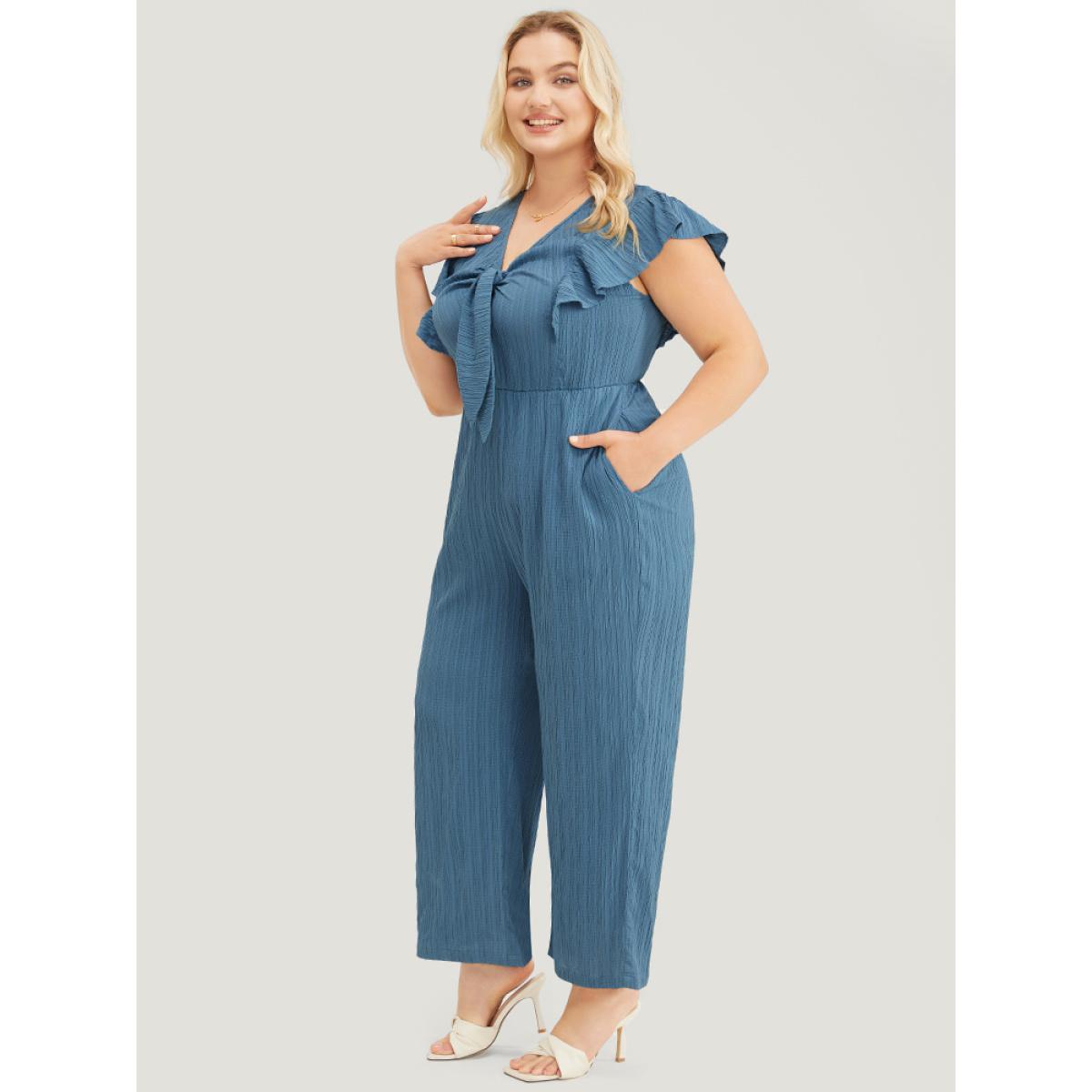 Plus Size Stone Solid Textured Ruffle Trim Cap Sleeve Pocket Knotted Jumpsuit Women Elegant Cap Sleeve V-neck Dailywear Loose Jumpsuits BloomChic 28/5X Product Image
