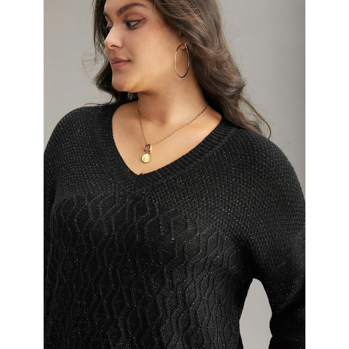 Plus Size Plain Sparkly V Neck Loose Pullover Black Women Casual Long Sleeve V-neck Everyday Pullovers BloomChic 10/M Product Image
