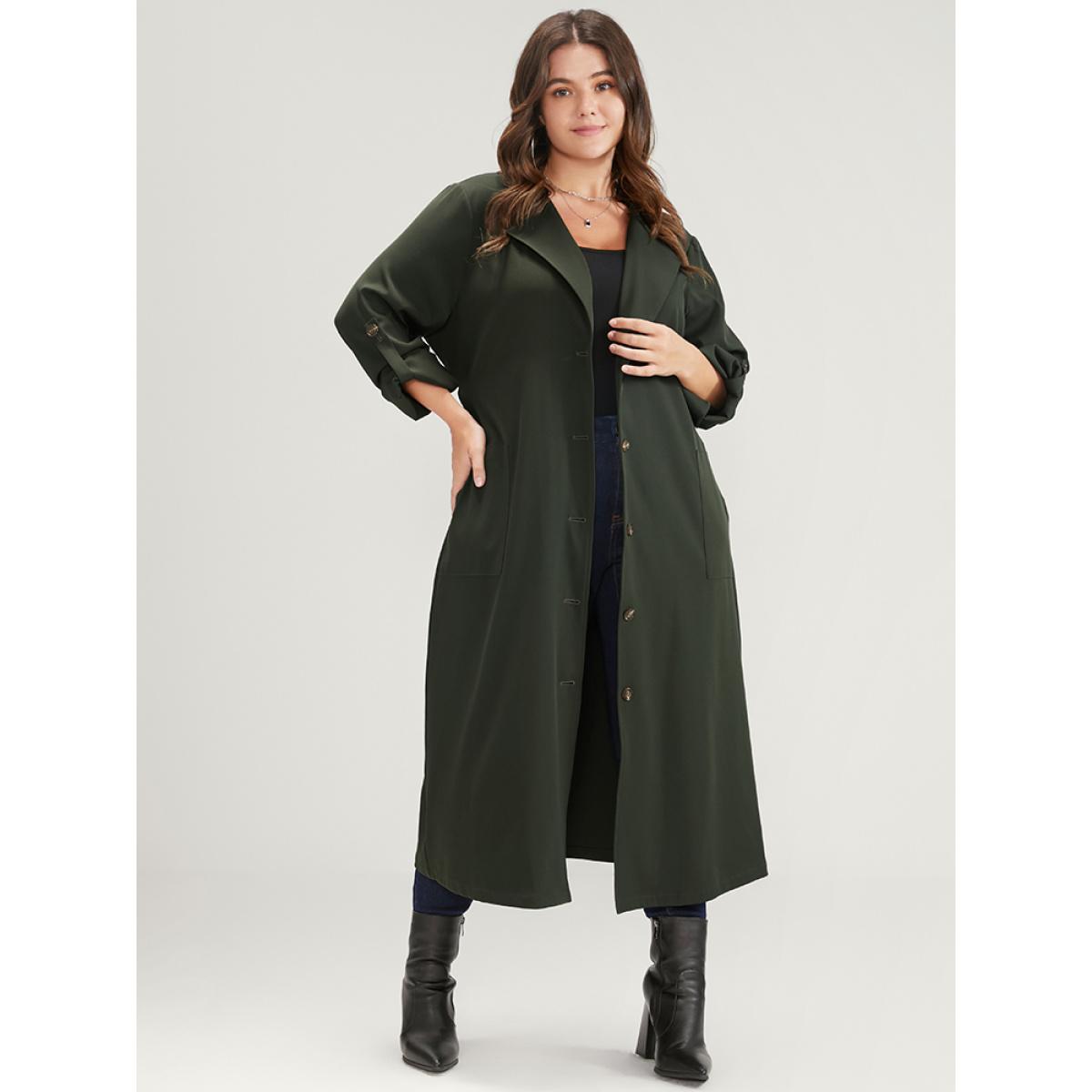 Plus Size Solid Cuffed Sleeve Belted Pocket Button Up Trench Coat Women ArmyGreen Casual Plain Ladies Dailywear Winter Coats BloomChic 22-24/3X Product Image