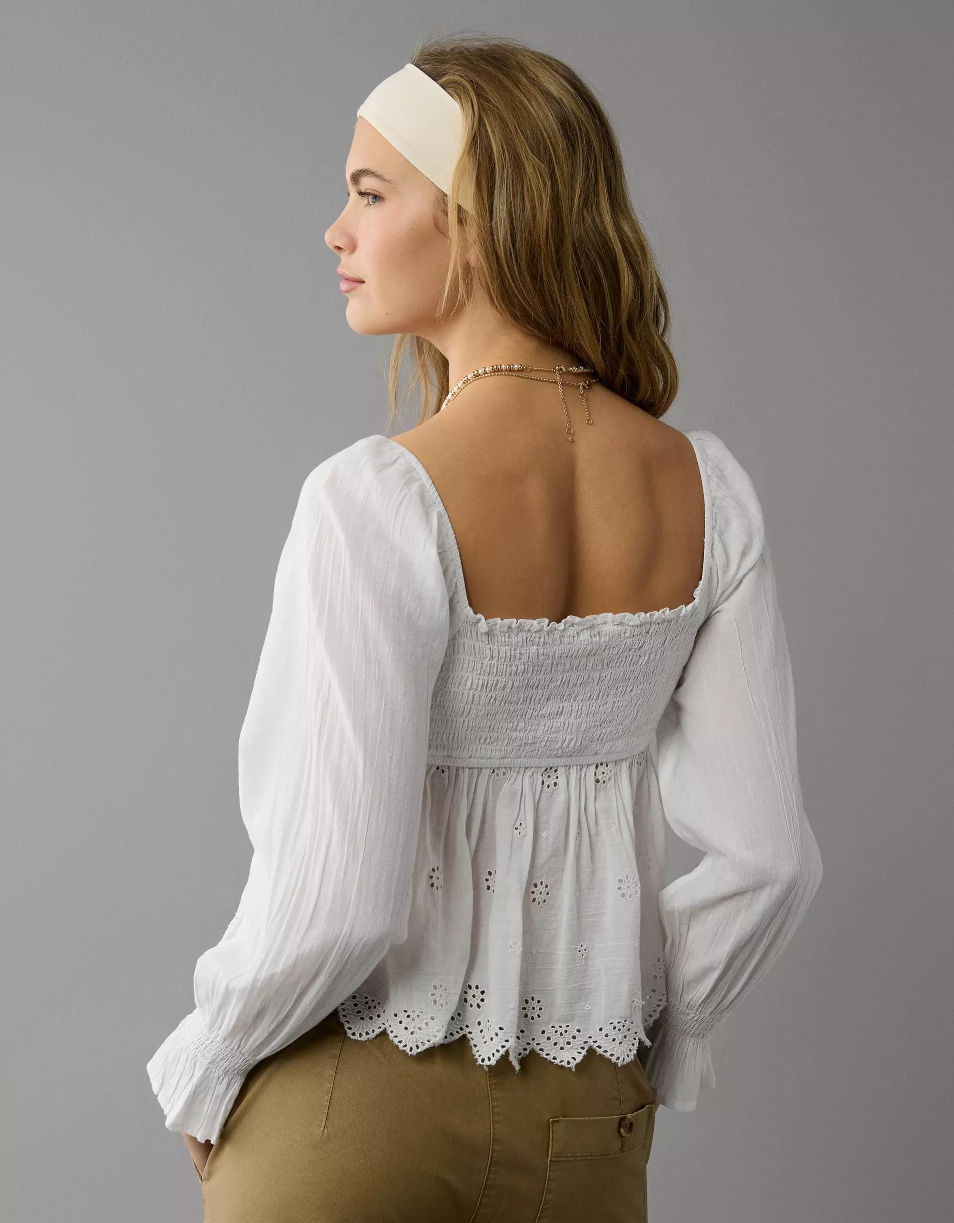 AE Long-Sleeve Smocked Babydoll Blouse Product Image