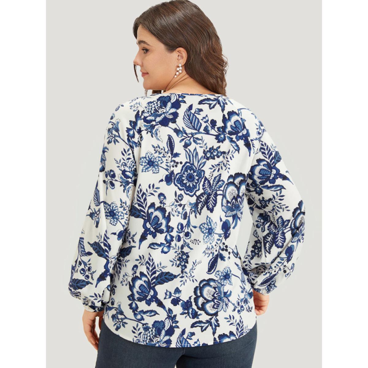 Plus Size Navy Boho Print Knot Neck Lantern Sleeve Blouse Women Vacation Long Sleeve Tie Neck Dailywear Blouses BloomChic 22-24/3X Product Image