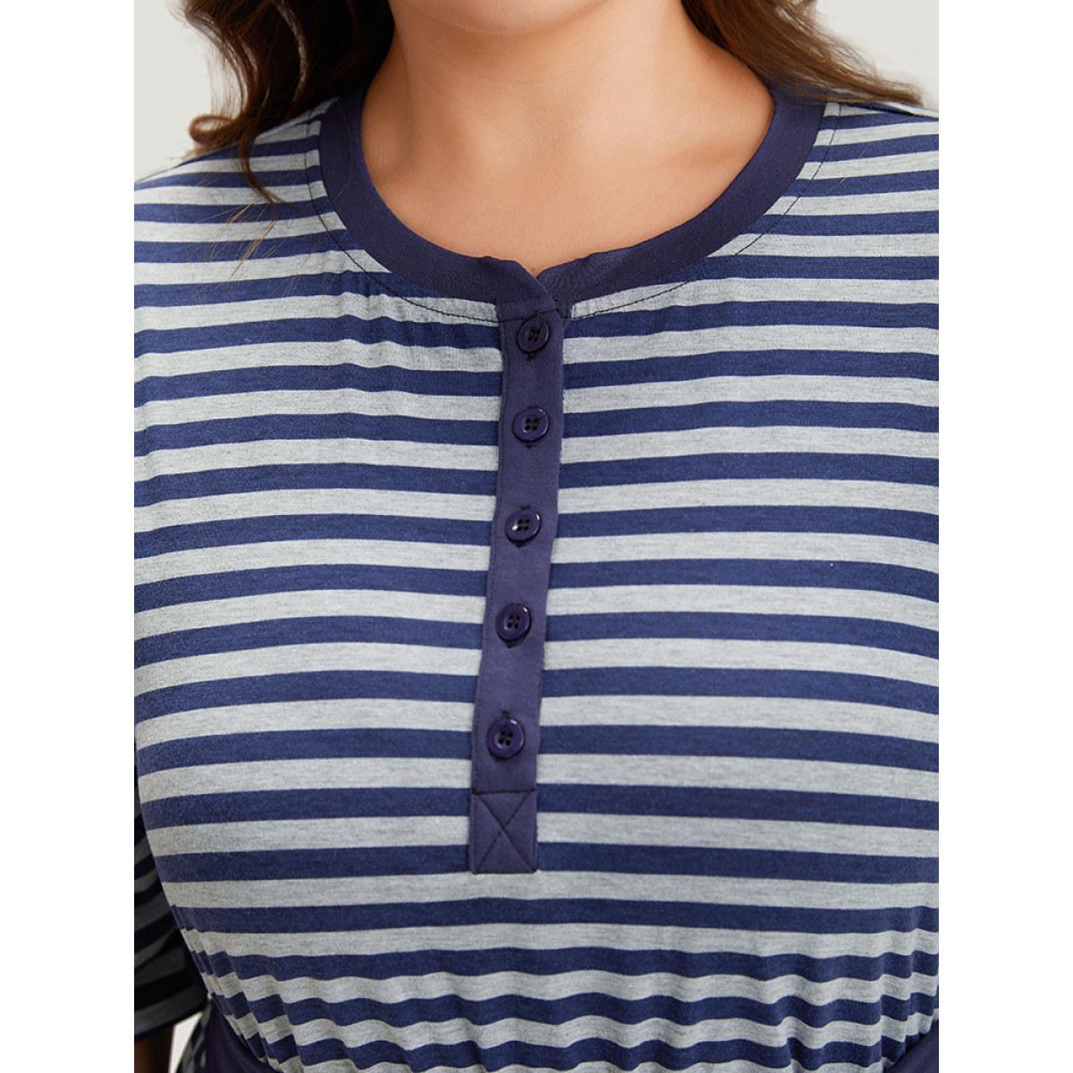 Plus Size Striped Pocket Button Up Belted Crew Neck Dress Indigo Women Casual Belted Round Neck Half Sleeve Curvy Midi Dress BloomChic 14-16/1X Product Image