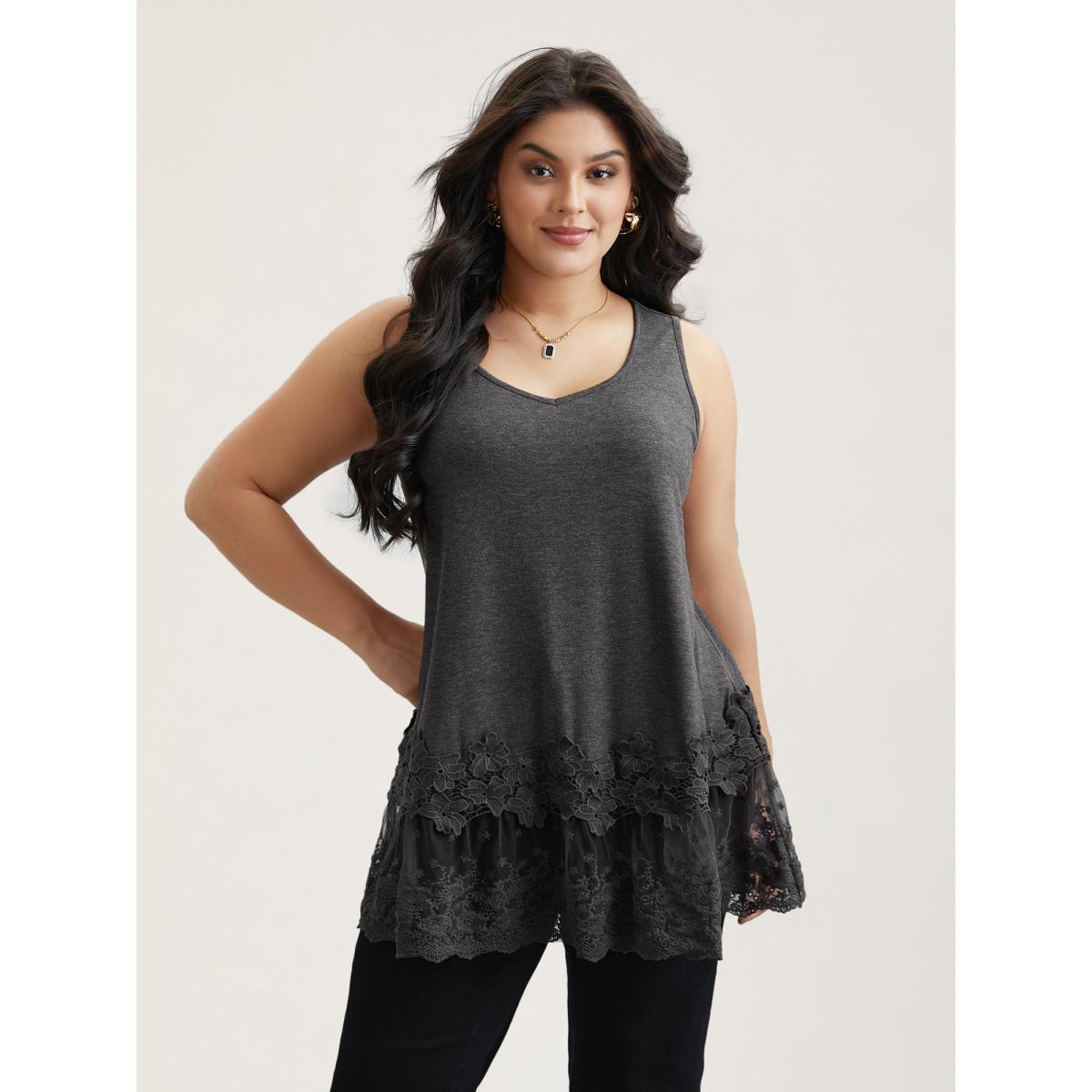 Plus Size Lace Patchwork Plain V-Neck Vest Women DimGray Elegant Woven ribbon&lace trim V-neck Everyday Tank Tops Camis BloomChic 10/M Product Image