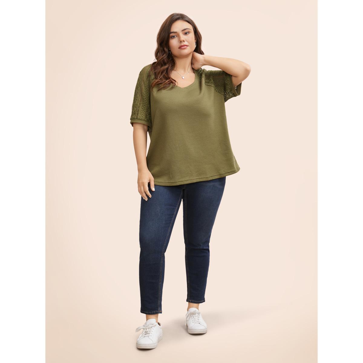 Plus Size V Neck Waffle Knit Crochet Lace T-shirt Olive Women Casual Texture V-neck Everyday T-shirts BloomChic 14-16/1X Product Image