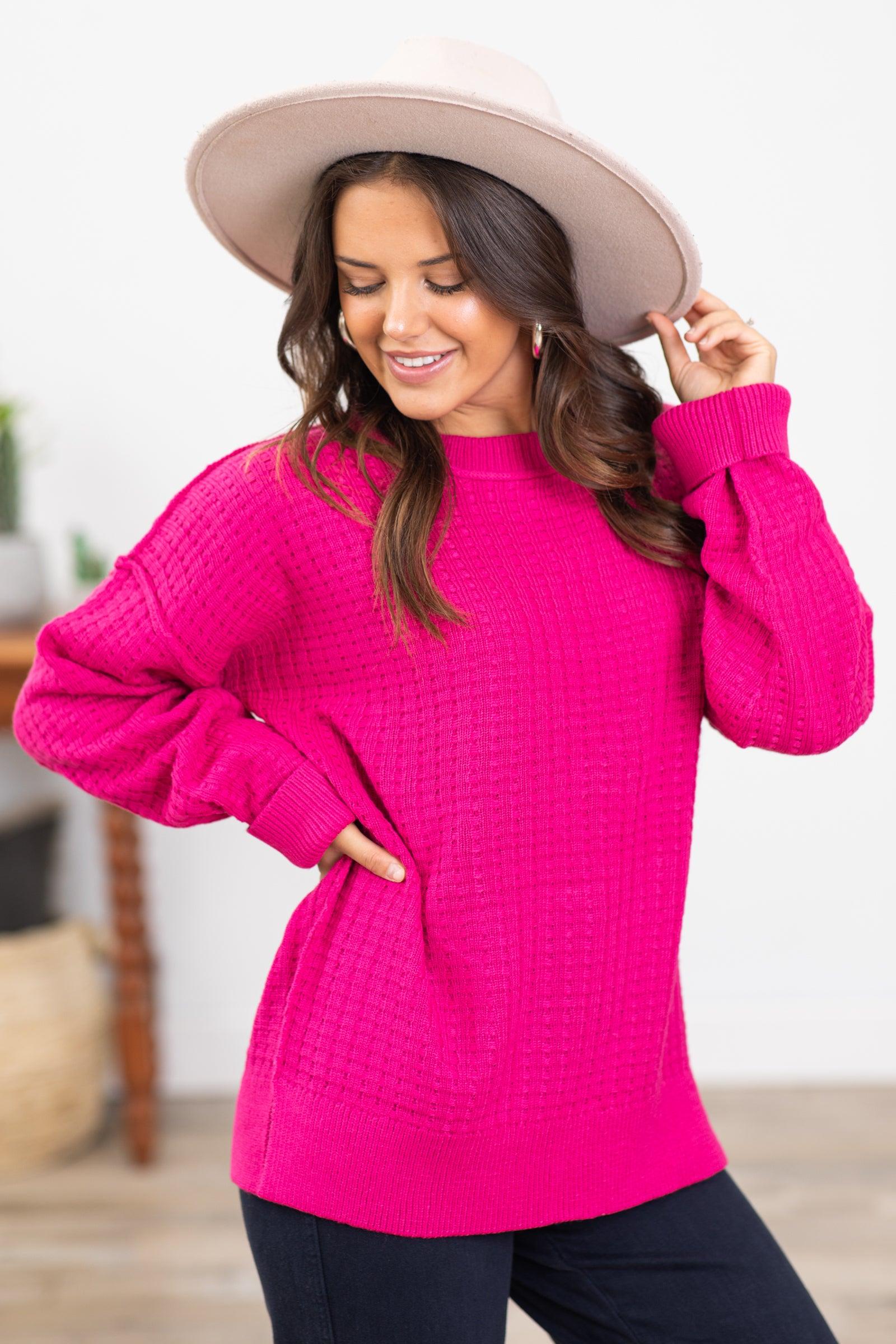 Fuchsia Waffle Drop Shoulder Slouchy Sweater Product Image
