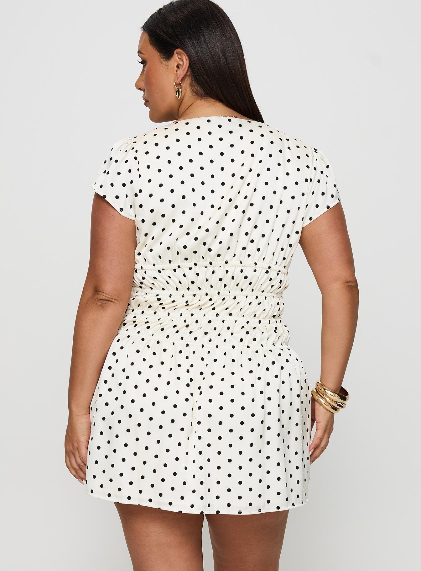 Evangelie Ruched Mini Dress White Polka Curve Product Image