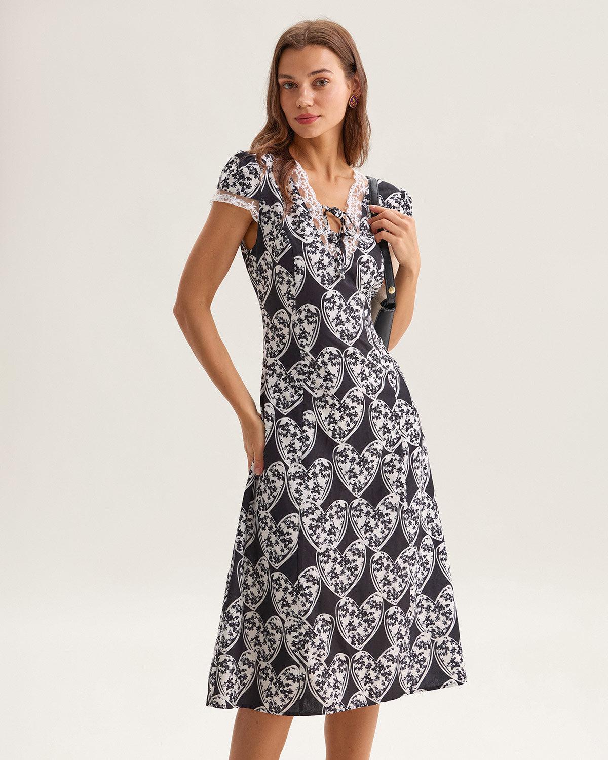 Black Floral Lace Trim Midi Dress Product Image