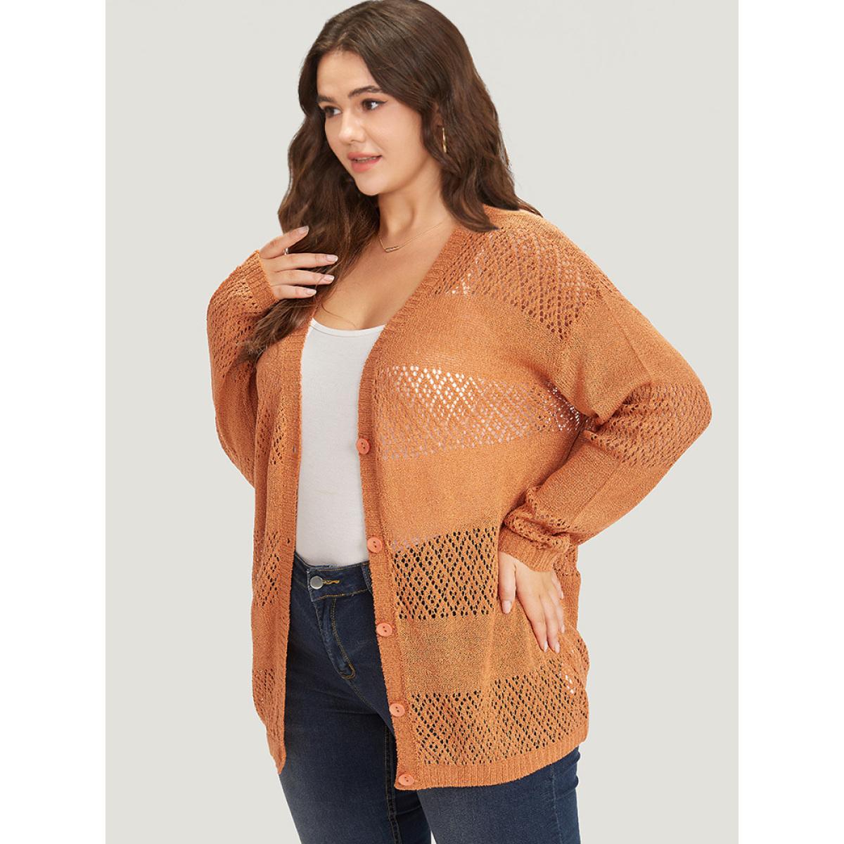 Plus Size Plain Geometric Eyelet Button Through Loose Cardigan Orange Women Casual Loose Long Sleeve Dailywear Cardigans BloomChic 22-24/3X Product Image